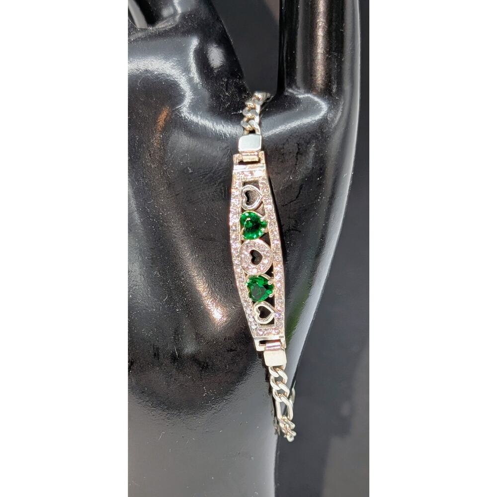 Green Glass Heart Rhinestone 925 Sterling Silver Figaro Chain Bracelet